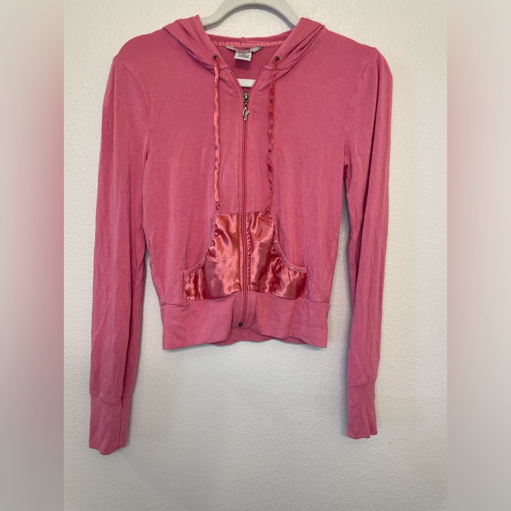 Guess Y2K Vintage Pink Zip Up Hoodie with Rhinestones Silky Pockets Size S